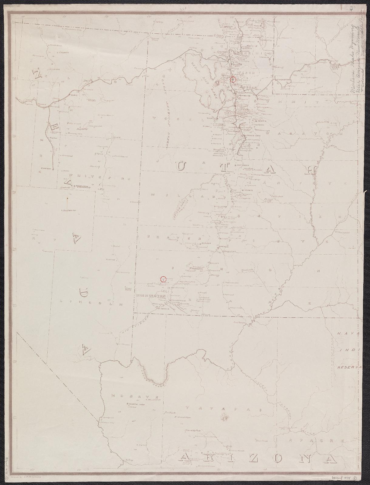 Preliminary post route map of the territories of Montana, Idaho, Wyoming, Utah, Arizona, New Mexico and state of Colorado, with parts of adjacent states and territories.