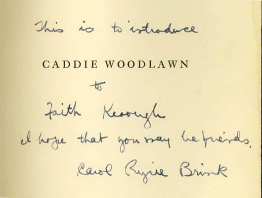 Cover page of Caddie Woodlawn signed by author Carol Ryrie Brink