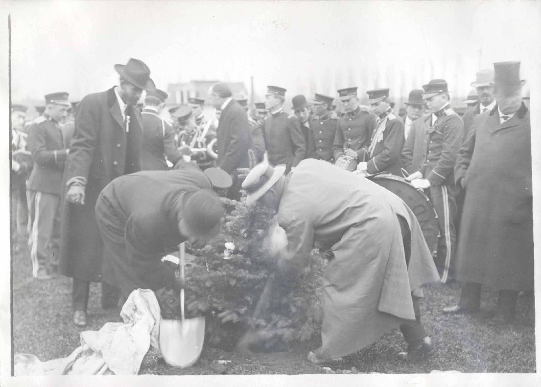 Theodore Roosevelt (right edge) watching a tree being planted to make a statement about conservation