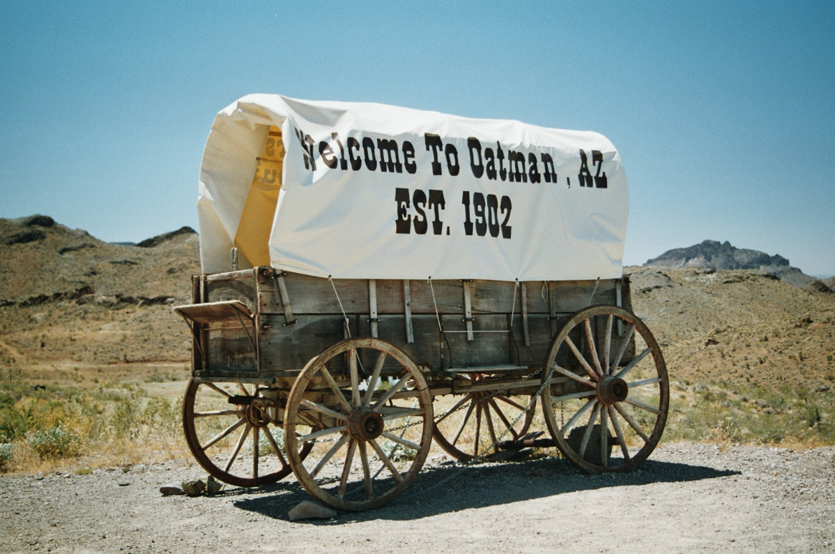 Historical Marker of a pioneer wagon in Oatman, Arizona