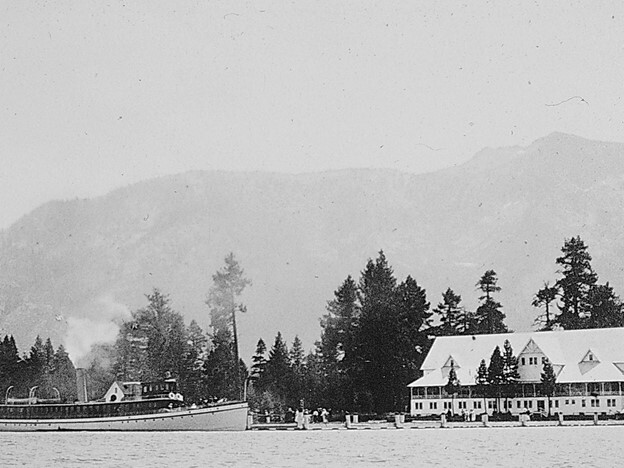 Tallac Resort and Casino with SS Tahoe on the lefthand side of the photo, ca. 1899-1920