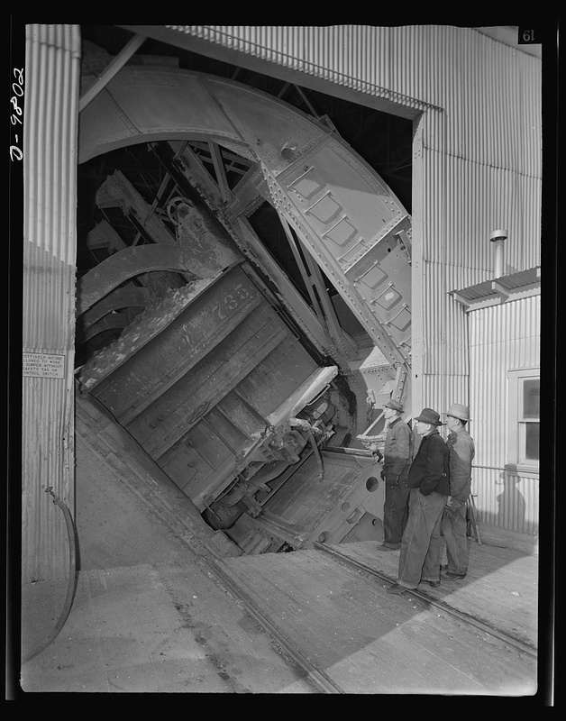 Production. Copper. A rotary car dumper discharging copper ore at the Magna, Utah mill of the Utah Copper Company. Vast quantities of copper needed for war production are treated at the company's plants at Magna and Arthur.