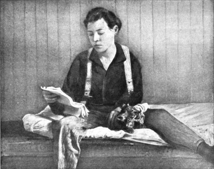 Pearl Hart reading a paper in her jail cell
