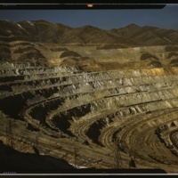 View of the Utah Copper Company open-pit mine workings at Carr Fork, as seen from the railroad, Bingham Canyon, Utah