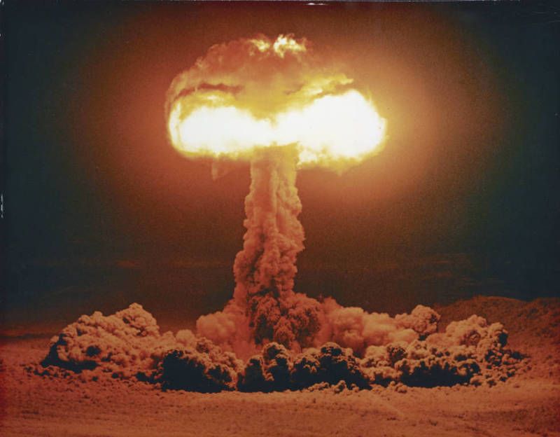 Photograph of a nuclear bomb blast near Frenchman Flats, Nevada, 1957.