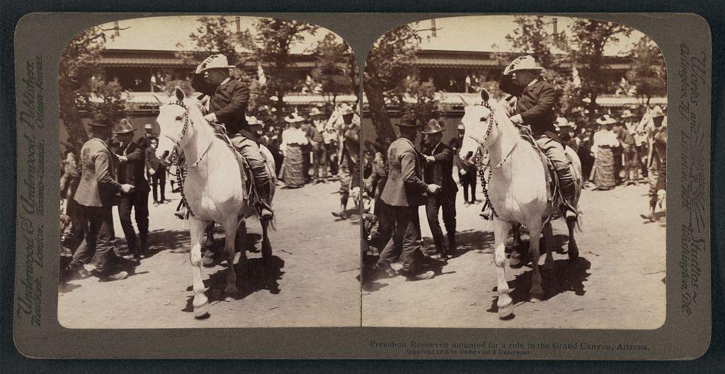 President Roosevelt riding a horse, preparing to venture into the Grand Canyon
