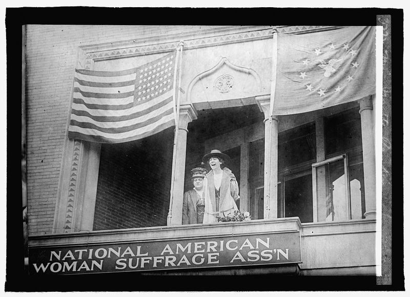 Jeannette Rankin speaking from the balcony of the National American Woman’s Suffrage Association