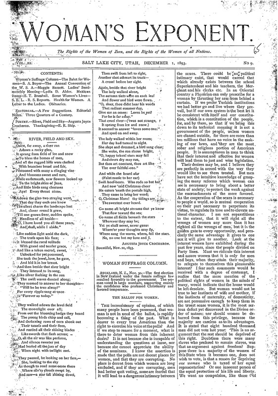 Front page of the December 1, 1893 issue of the Woman’s Exponent<br />