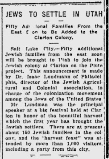 Contemporary Utah Newspaper Article Discussing Jewish Settlement in Clarion.
