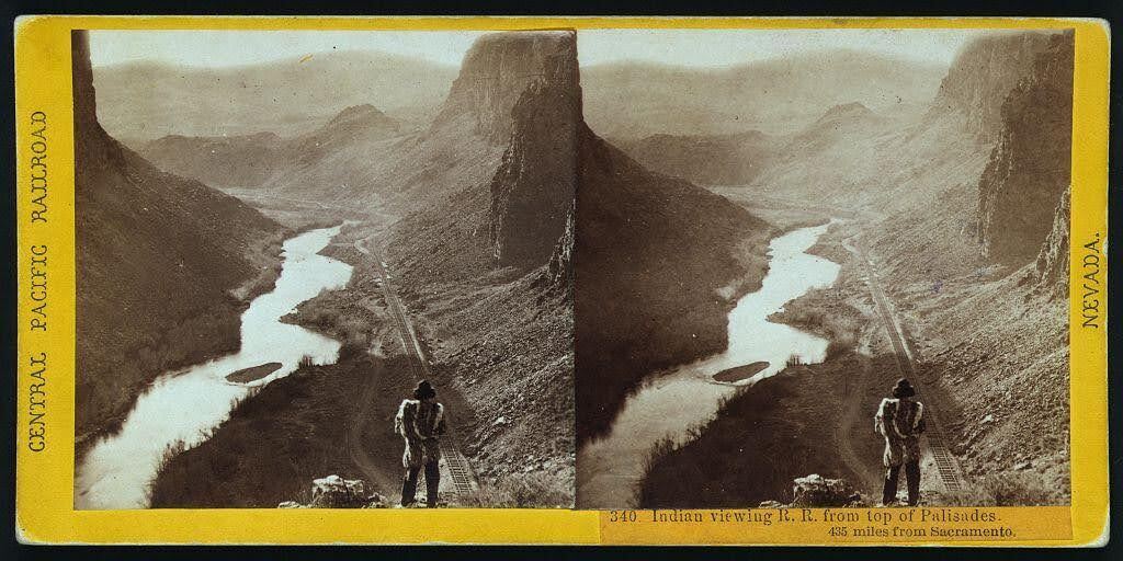 “Indian viewing railroad from top of Palisades. 435 miles from Sacramento.”