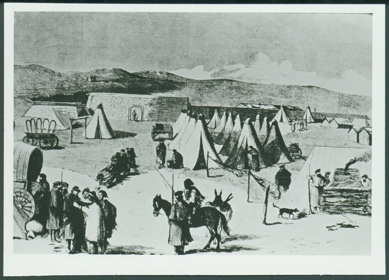 Fort Bridger depicting Indians and Soldiers