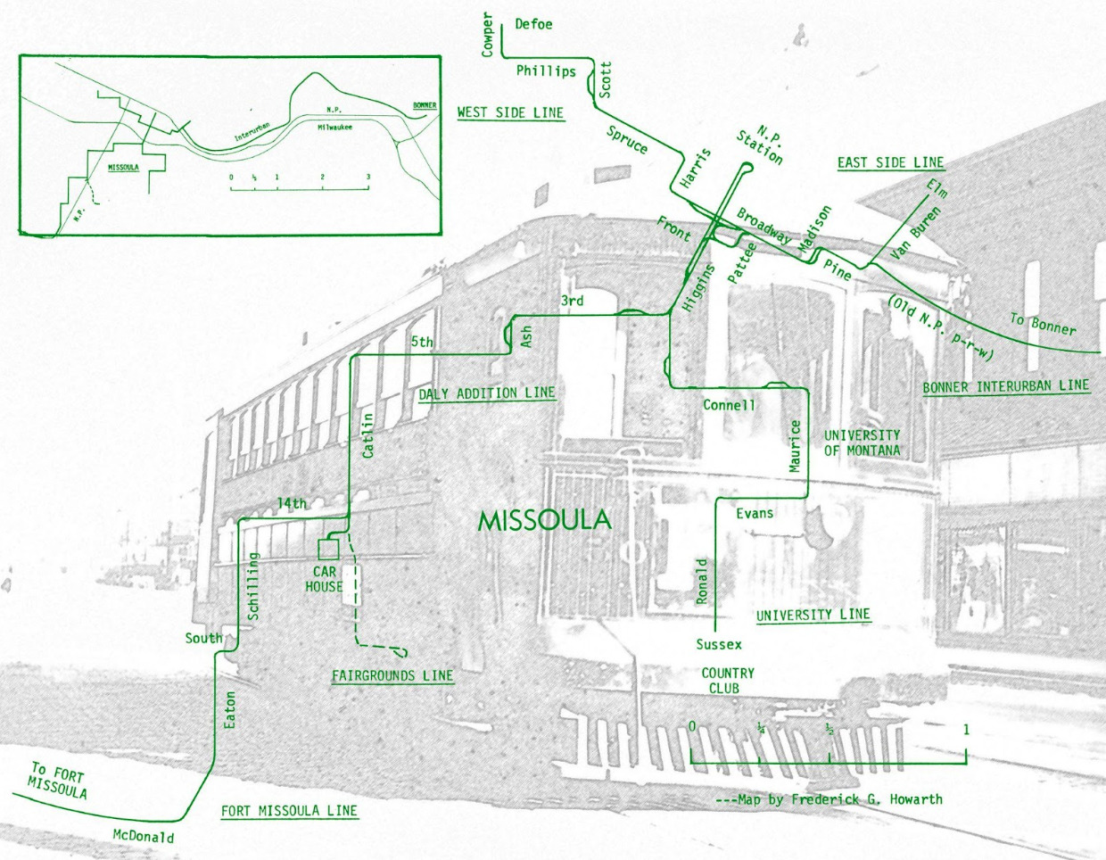 A graphic of the Missoula trolley routes from 1930
