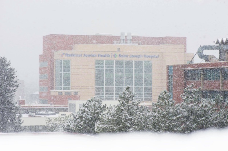 National Jewish Health during a snowstorm.
