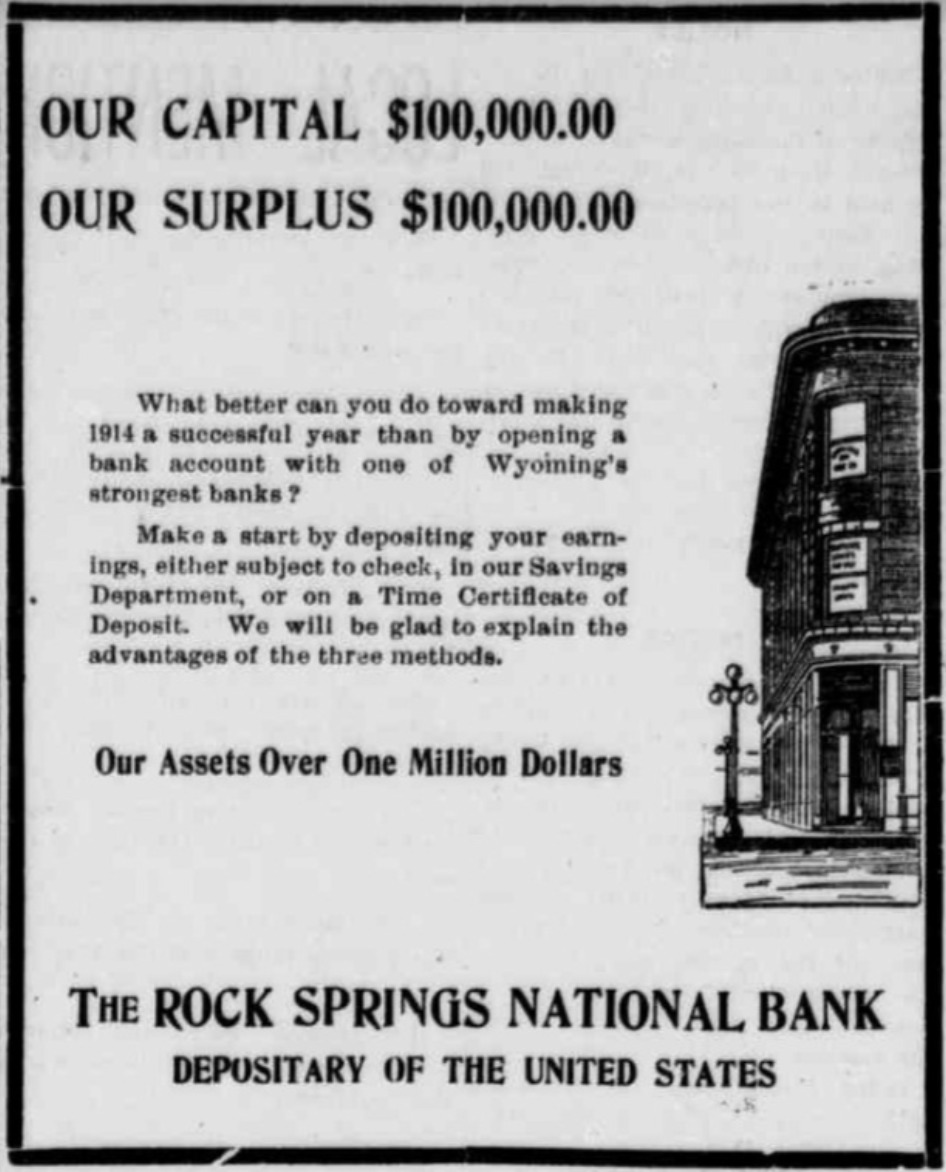 Rock Springs Miner advertisement, 1915