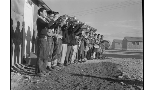 Topaz, Utah. A Boy Scout band in full regalia, greeted the evacuees from Hawaii, when they arrived at this Center