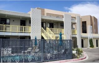 The decorative screen ensconcing the Monterey’s pool is a wonderful detail that helps to add to its googie flair
