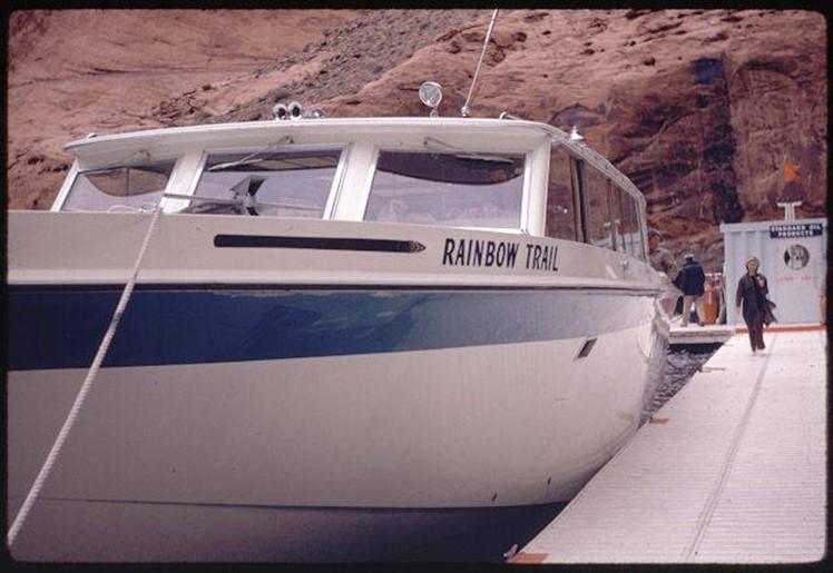 The Rainbow Trail excursion boat docked at what is probably the Rainbow Bridge Marina, 1970