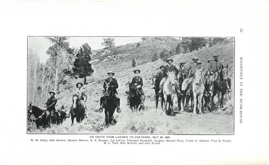 Theodore Roosevelt on route from Laramie to Cheyenne, Wyoming, May 30, 1903 with members of the riding party that accompanied him