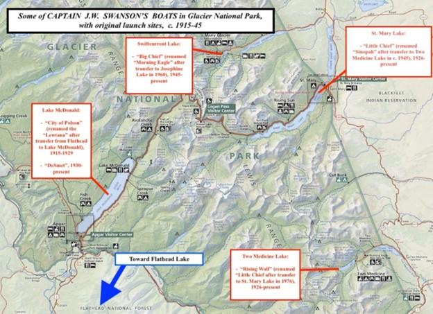 Map of some of Captain J.W. Swanson’s Boats in Glacier National Park, with original launch sites, c.a. 1915-45, National Park Service (modified)