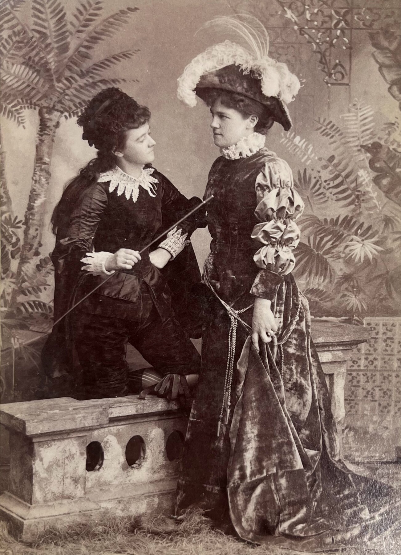 Actresses Bessie Morehead and Maggie Sloan in theatrical costume for "The Three Mantles"