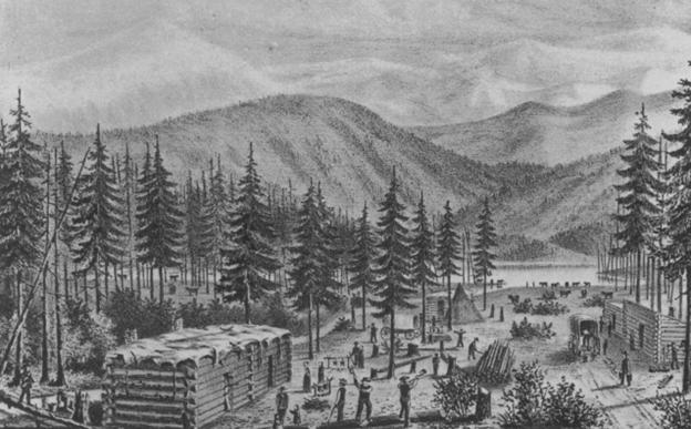 Artist depiction of the Donner Party's Oreparations to Wait the Winter Out