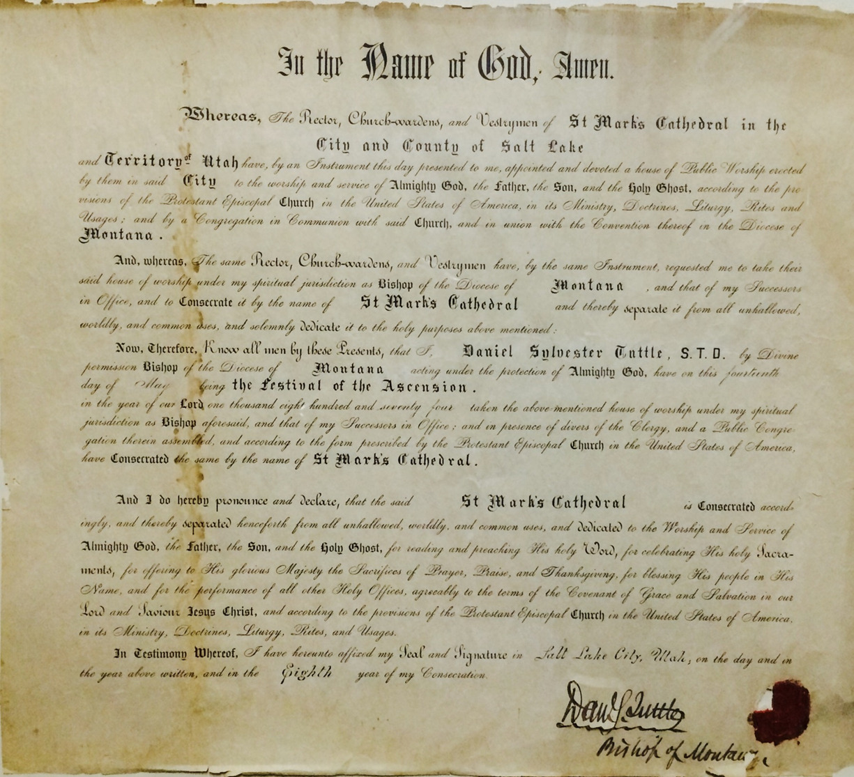 1874 Consecration Certificate