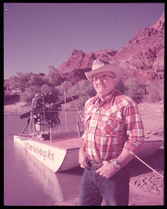 Art Greene and his commercial river craft, the Tseh Na-ni-ah go Atin (Diné for “trail to the rock that goes over”, in reference to Rainbow Bridge), ca. 1949-1956