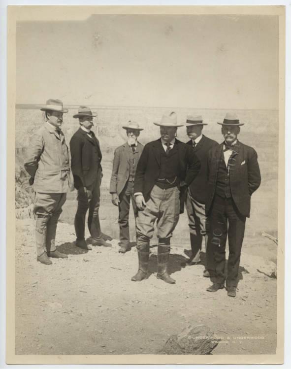 President Theodore Roosevelt and Governor Brodie pose in front of the Grand Canyon