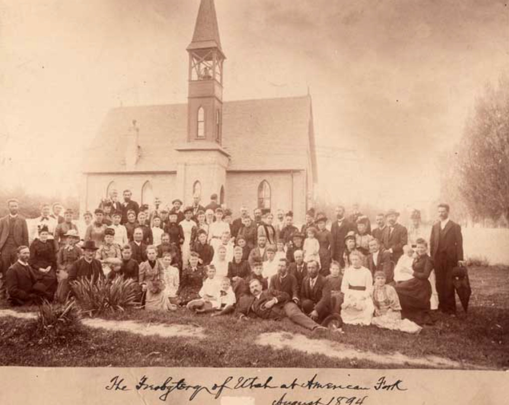 American Fork Presbyterian Church with congregation, 1894