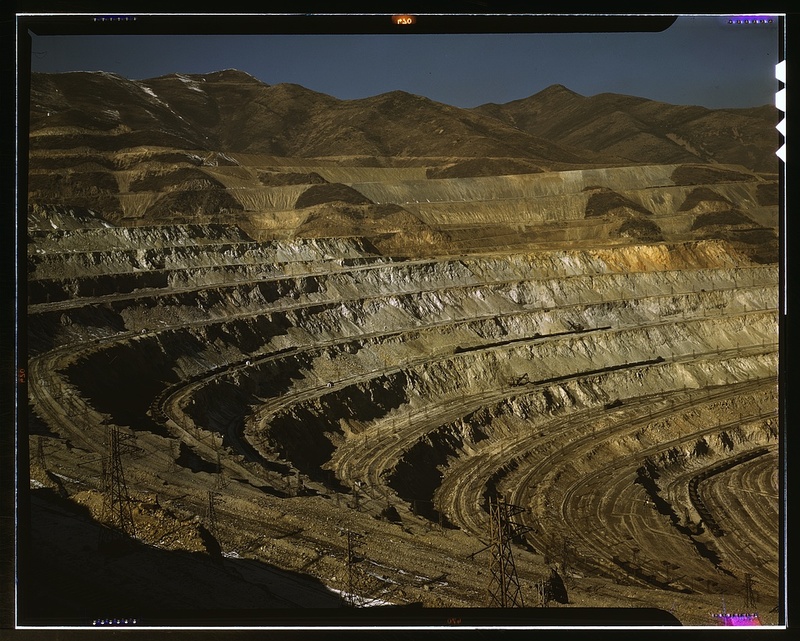 View of the Utah Copper Company open-pit mine workings at Carr Fork, as seen from the railroad, Bingham Canyon, Utah