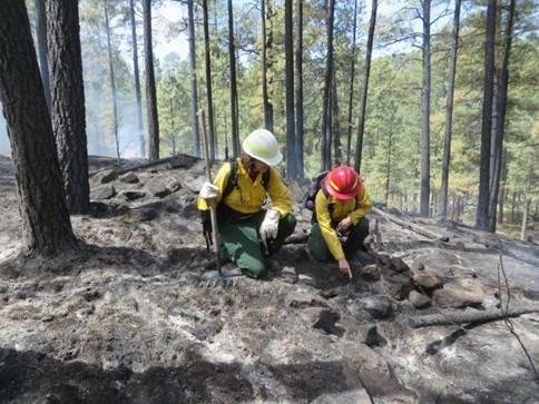 Two researchers at an archaeological site in the Santa Fe National Forest near Bandelier National Monument, c. 2014
