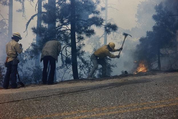 Firefighters battling the La Mesa Fire, c. 1977.