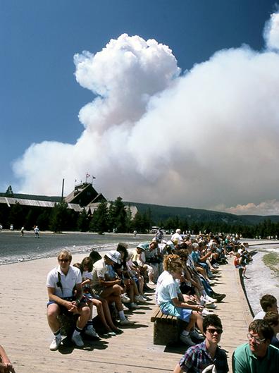 Wildfire smoke behind Old Faithful Lodge, 1988