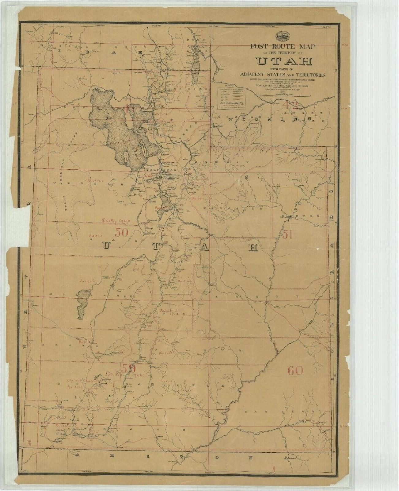 Post Route Map of the Territory of Utah with Parts of Adjacent States and Territories Showing Post Offices