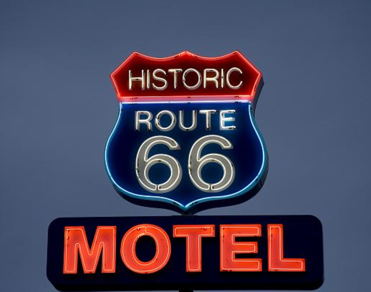 Neon sign for the Historic Route 66 Motel in Seligman, Arizona.