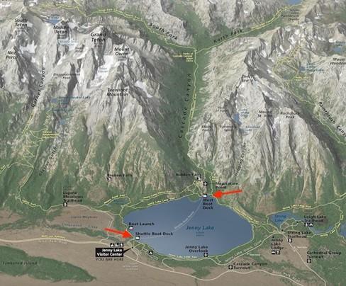 Map indicating east and west Jenny Lake shuttle boat docks, National Park Service (modified)