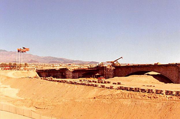 Construction of the London Bridge before a man-made canal was run along under it, Lake Havasu City, Arizona.
