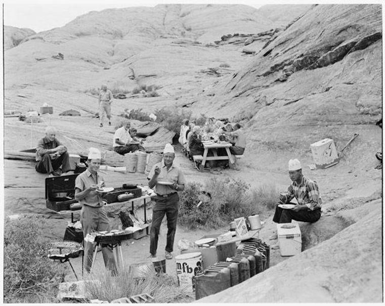 A Canyon Tours excursion camp set up for a meal in one of Lake Powell’s side canyons, ca. 1961-1969