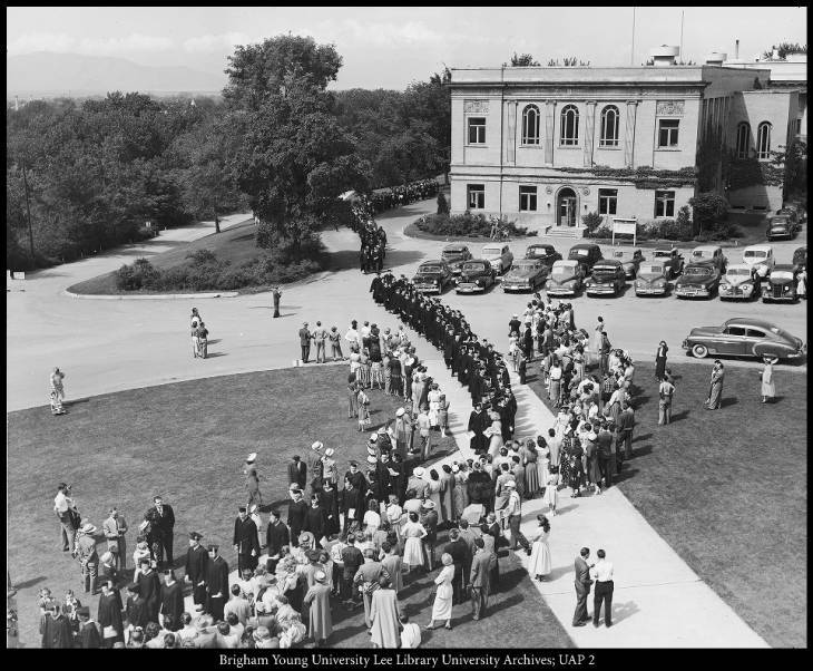 Commencement processional to the Joseph Smith Memorial Building, 1947