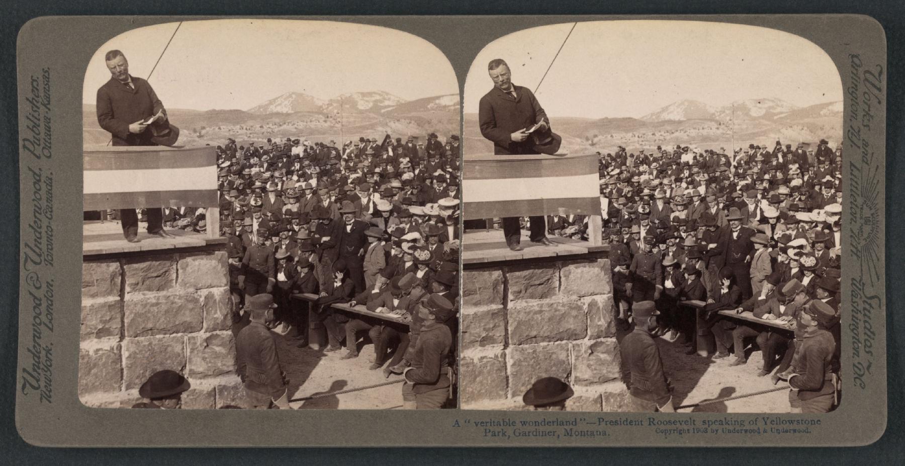 President Roosevelt addresses a crowd at the dedication of Roosevelt Arch
