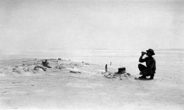 Expedition exploring wagon ruins on the Great Salt Lake Desert